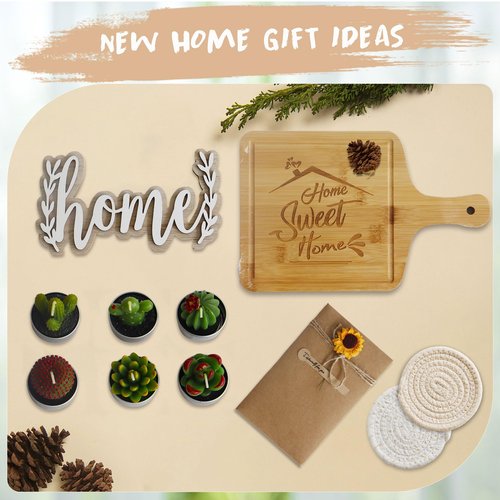 House Warming Gifts New Home, 18 Pcs Housewarming Gifts Basket New Home Gift Ideas, Faux Plants Scented Candles Home Sweet Home Bamboo Cutting Board for Couple Women Men, Closing Gifts for Home Buyers