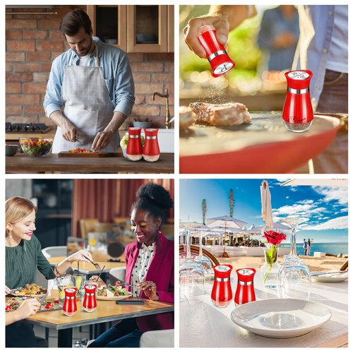 Acellegic 2 Pcs Salt and Pepper Shakers with Glass Bottom Set 4 oz Stainless Steel Salt and Pepper Holders for Kitchen Cooking Table Camp Refillable Perforated(Red Color)