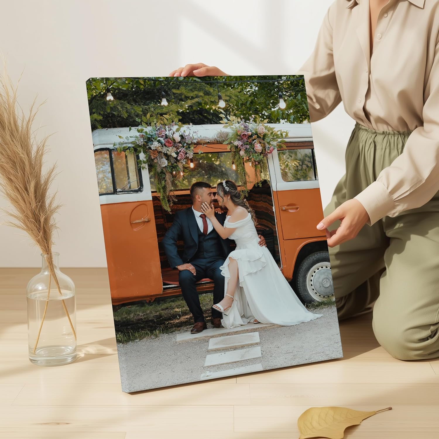 P&L ART Custom Canvas Wedding Photo Print - Romantic Vintage Van Portrait | 8x10 Gallery Wrapped Decor