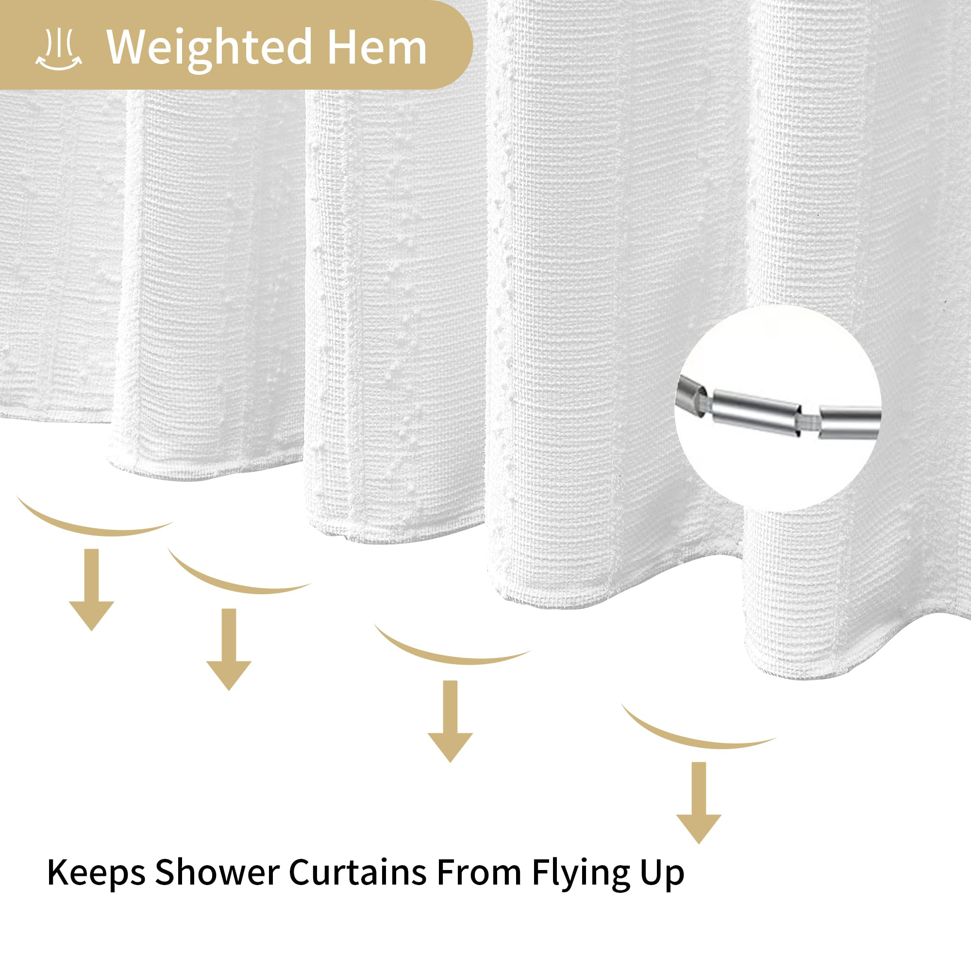 Lameirose White Shower Curtain Boho, Textured Shower Curtain Cotton Blend Waffle Weave Stripe Fabric Shower Curtains for Bathroom, Hotel, Washable, 72 x 72