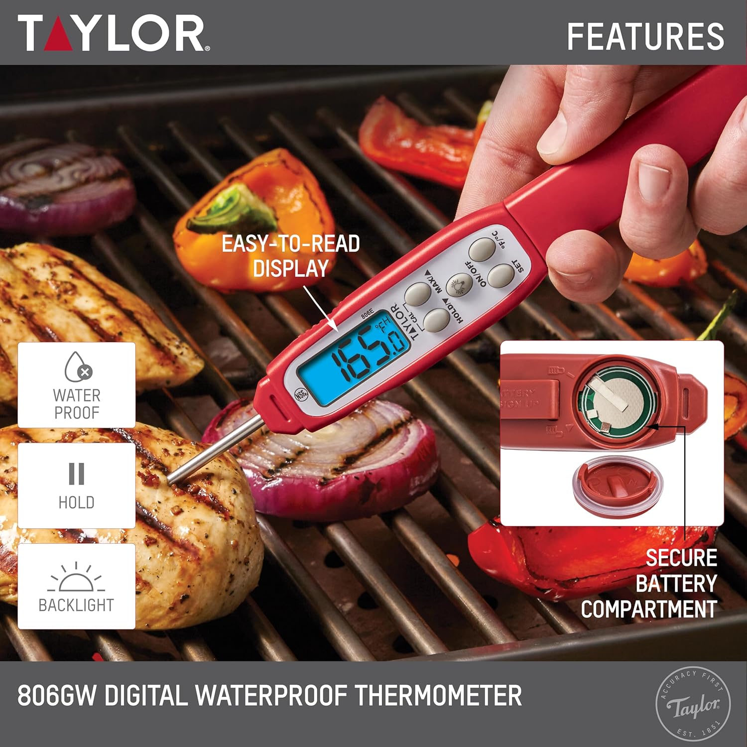 Taylor Digital Instant Read Meat Thermometer - Waterproof Kitchen Probe for Perfectly Cooked Chicken, Steak & BBQ | Fast Temperature Check, Blue Backlight Display, Red