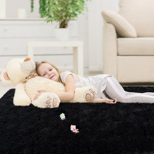 AAFKK Black Area Rug for Bedroom, 2x3 Small Rugs for Living Room Nursery Kids Room Dorm Home Decor Aesthetic, Fluffy Shaggy Rug with 4 Anti-Slip Carpet Tapes