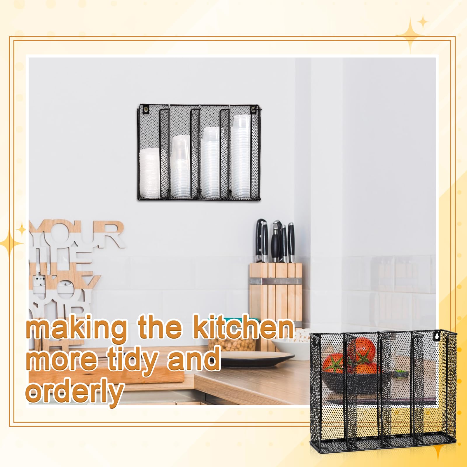 Wall Mount Portion Sauce Cup Lid Organizer 4 Compartments Iron Sauce Cup Dispenser Black Cup and Lid Holder Organizer Fits Cups Size 2 to 5.5 oz For Kitchen Counter Restaurant Coffee Bar 13x10x3.3 In