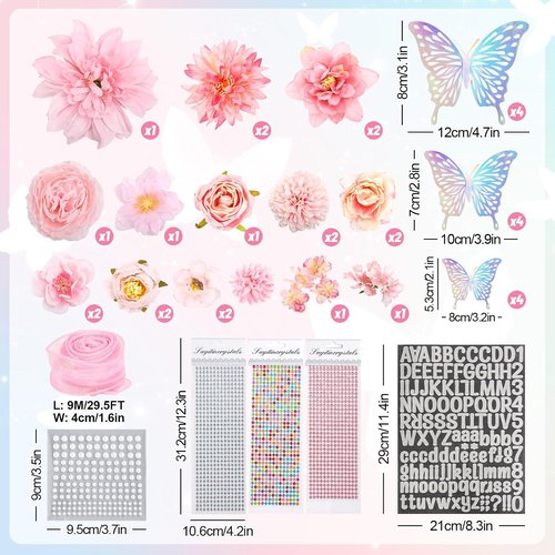 FYSUIMU Graduation Cap Decorations Kit - DIY Pink Grad Hat Toppers with Flowers & 3D Butterfly Stickers