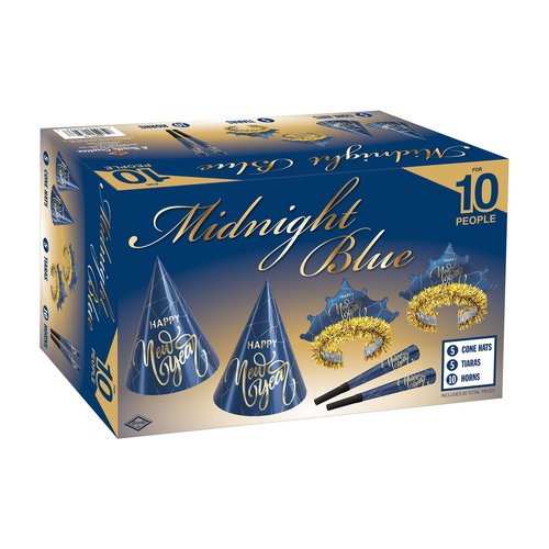 Beistle Midnight Blue New Year Party Kit for 10 – Celebration Set of NYE Accessories, Cone Hats, Fringed Tiaras & Foil Horns, Elegant Metallic Navy & Gold New Year’s Eve Countdown Headwear Supplies