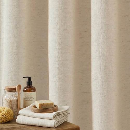 TURKIO Linen Shower Curtain Boho Beige Shower Curtains for Bathroom Thick Fabric Shower Curtain with Tassels Neutral Shower Curtains Rustic Farmhouse Bath Decor 72 Inch