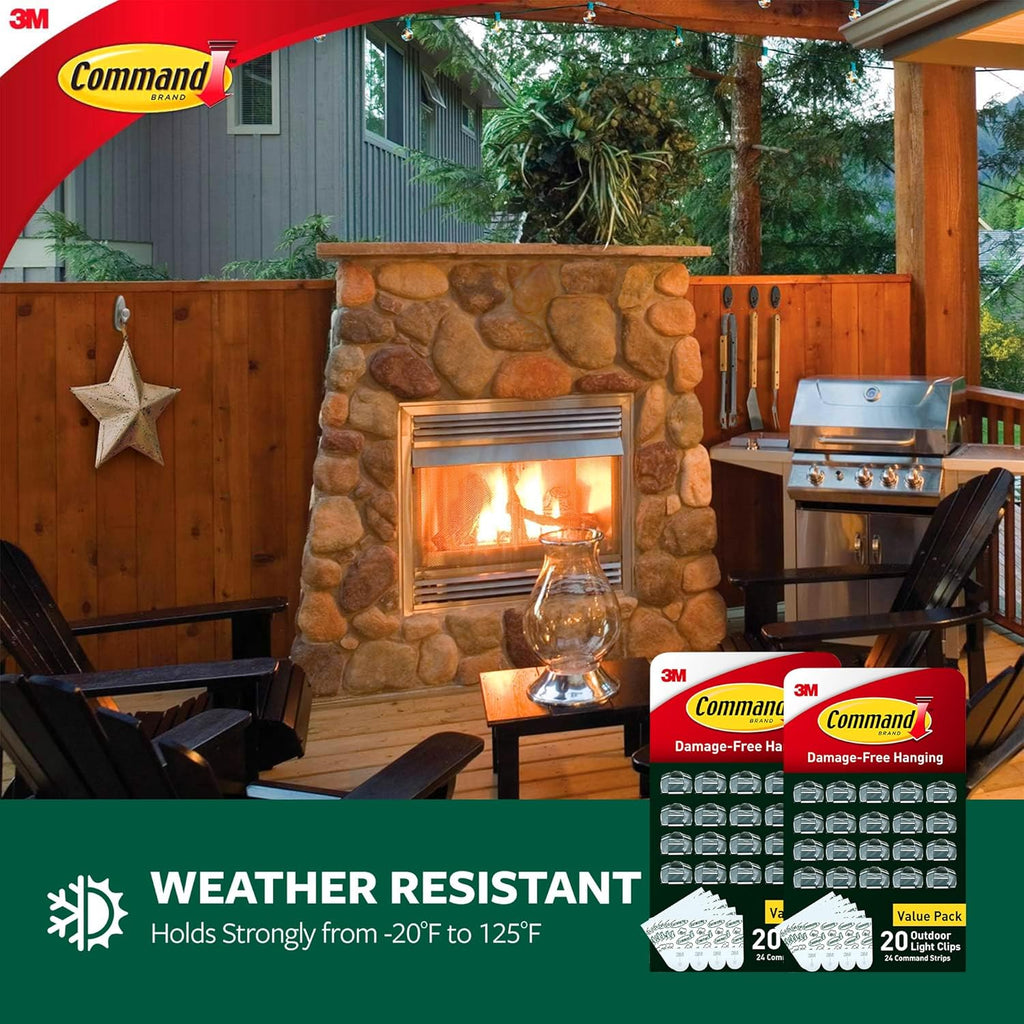 Command Outdoor Light Clips - 40 Clear Clips & 48 Strips | Damage-Free Hanging & Weather-Resistant Design
