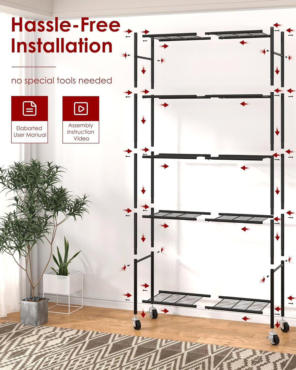 Sakugi 5-Tier Metal Storage Shelves Organizer - Heavy-Duty Rolling Shelf for Kitchen, Pantry & Closet | 33.1"x12.6"x73.5", Black