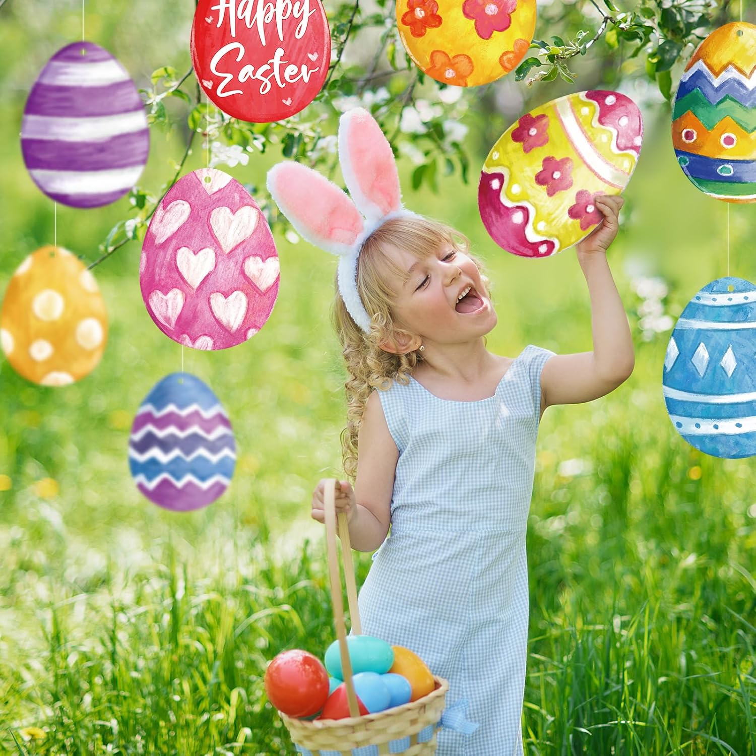 Skiennix 12 Pcs Large Outdoor Easter Egg Decorations - Colorful Double-Sided Hanging Ornaments for Lawn & Porch