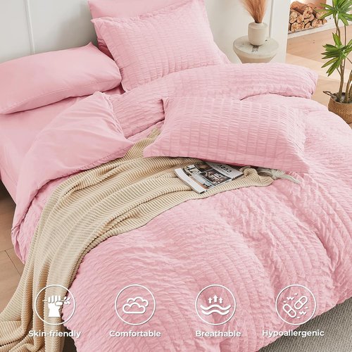 HYMOKEGE Pink Queen Comforter Set - 7-Piece All-Season Luxury Bedding in a Bag with Sheets & Pillowcases