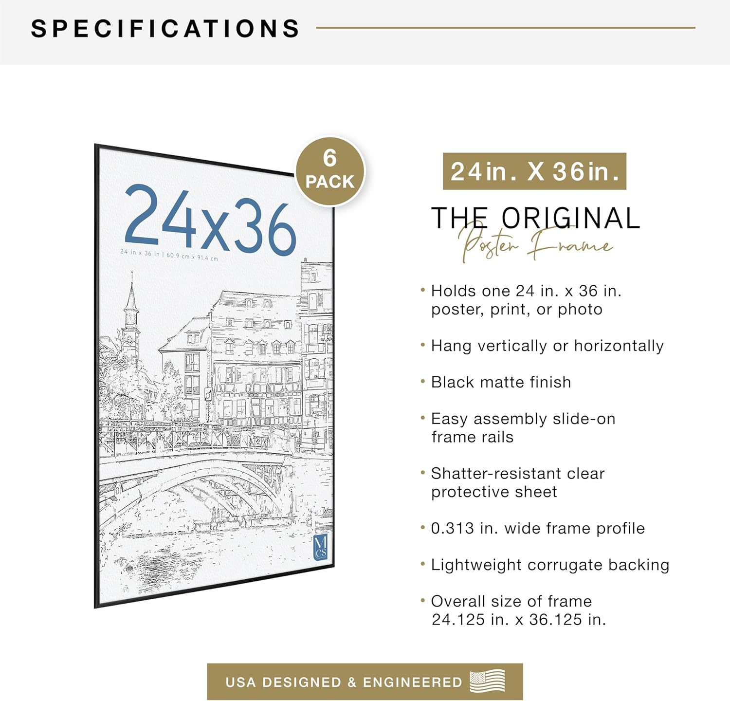 MCS Original Poster Frame - 24x36 Black Lightweight Vertical & Horizontal Wall Hanging | 6-Pack for Art Prints
