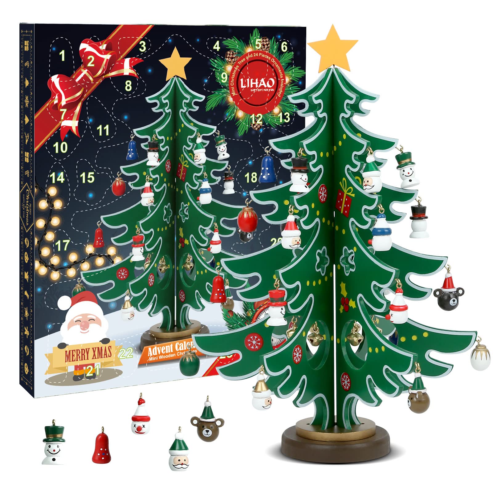 LIHAO Christmas Advent Calendar, 24 Days Tabletop Christmas Tree Countdown Calendar with 24PCS Ornaments for Boys Girls Kids Party Favors, Classroom Prizes Xmas Gift