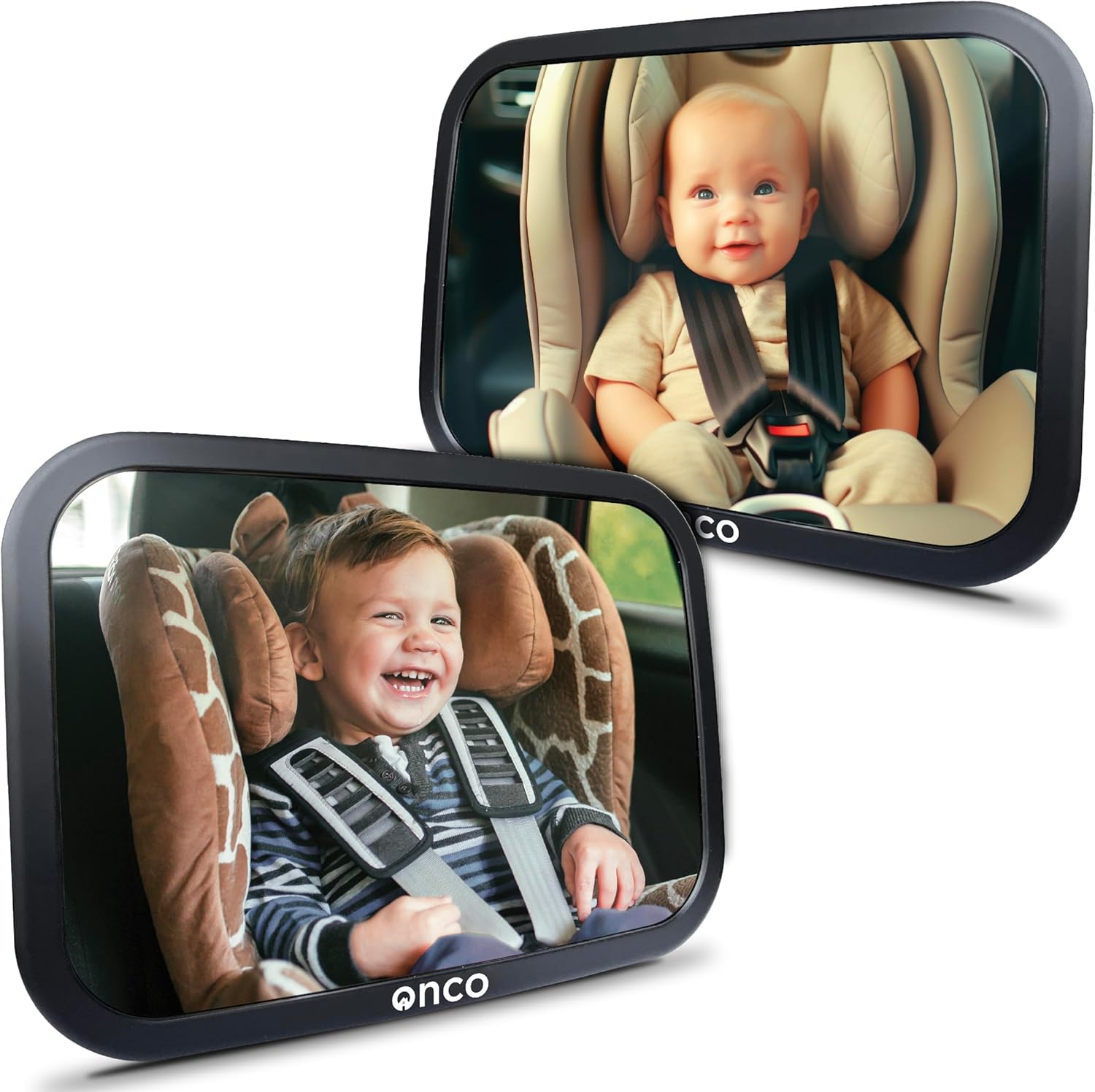 Onco Baby Car Mirror - 100% Shatterproof & Shakeproof Rear Facing Mirror with 360° Rotation | 2 Pack (9.6 x 6.9 in)
