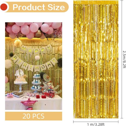 Gold Foil Curtain Backdrop by [Brand Name] - 20 Pack Metallic Tinsel Fringe | 3.2ft x 8.2ft for Birthday Parties
