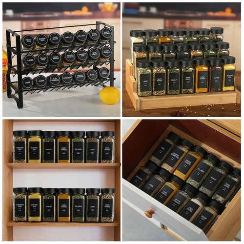 GMAMXD 36 Glass Spice Jars with Labels, Spice Jar Set, 4oz Spice Containers, Seasoning Containers with Black Airtight Lids and Shaker Lids, Square Empty Spice Bottles, 492 Labels, 1 Funnel