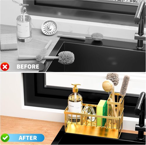 Cisily Gold Kitchen Sink Caddy Organizer - Rustproof 304 Stainless Steel with Brush & Sponge Holder