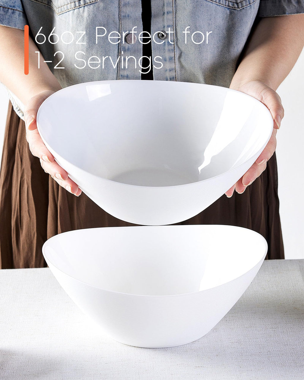 LaGlint 66 OZ Salad Bowl Set of 2, Opal Glass 10 inch Ultra-thin&Lightweight Serving Dishes for Salad, Fruit, Kitchen Microwave & Dishwasher Safe, Oval Shape White