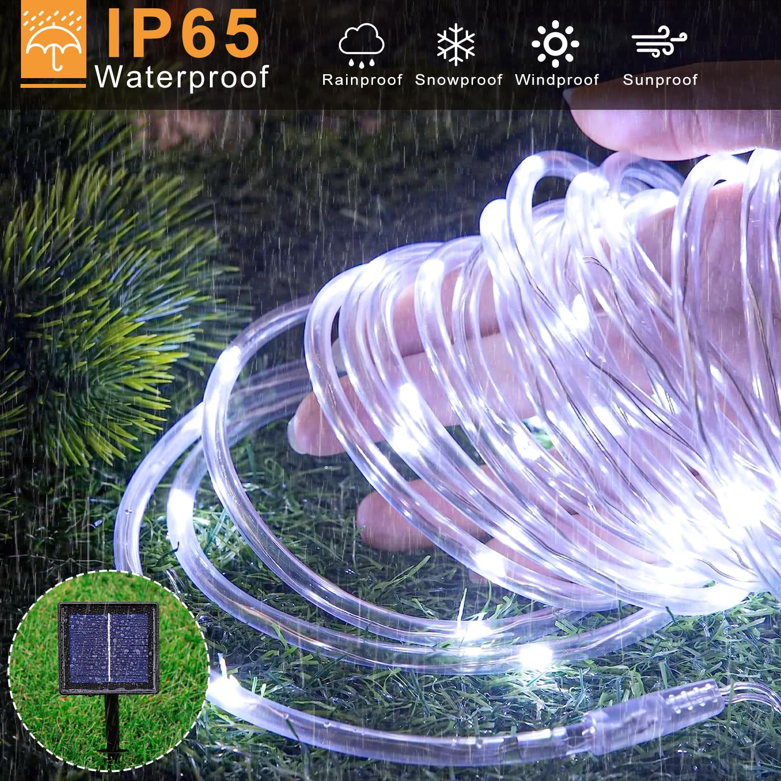 Solar Rope Lights, 33FT 135 LED Solar String Lights Outdoor, Waterproof Solar Powered Fairy Lights with 8 Lighting Modes for House Pool Trampoline Backyard Patio Tree Party Decorations, Cool White