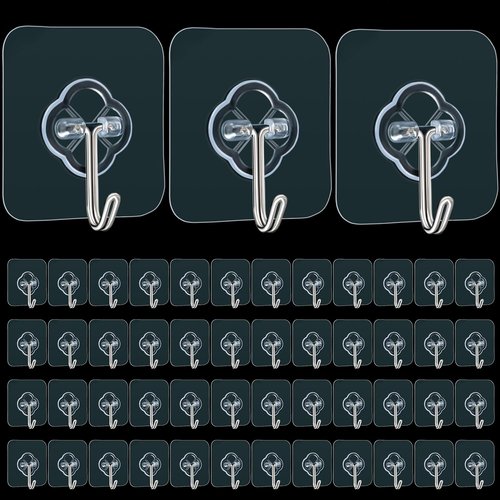 Adhesive Wall Hooks - 50 Pack Heavy Duty Stainless Steel Self-Sticky Hooks | Waterproof & Rustproof for Bathroom, Kitchen, Office