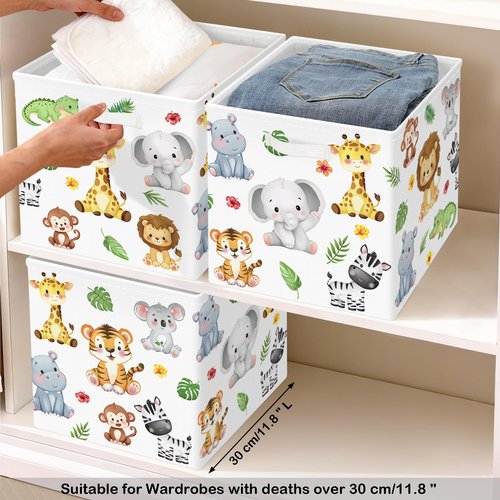 HUUMONSS 11.8" Jungle Animals Cube Storage Organizer Set 3Pcs Lion Giraffe Elephant Cube Storage Bin for Bathroom/Bedroom Parent Book Chest, Tiger
