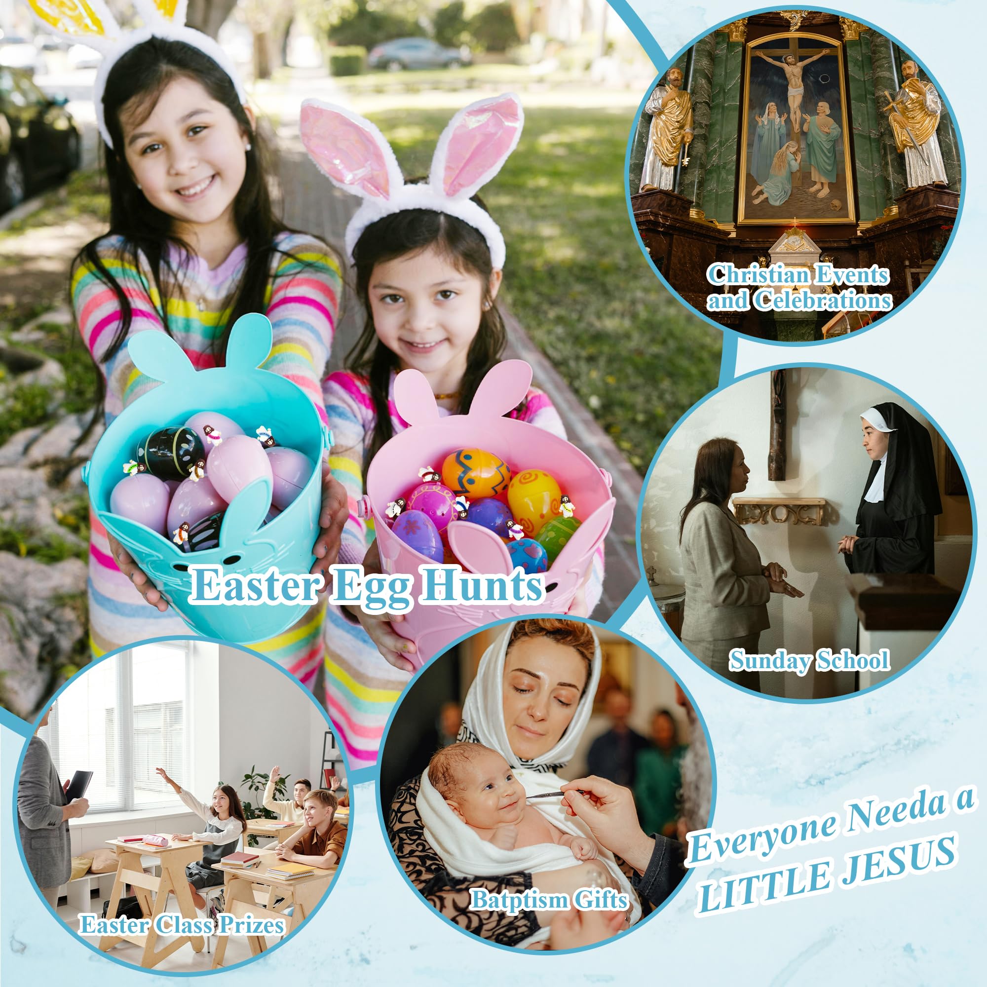 TFengfly 50 Pcs Little Jesus Figures Small Easter Jesus Loves You Toys 10 Colors Mini Rubber Jesus Miniatures to Hide and Seek Religious Gift Party Favors Easter Egg Stuffers Sunday School (50)