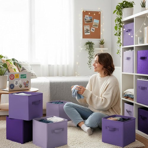 Granny Says 11-Inch Cube Storage Bins - 6 Pack Organizer with Handles | Purple Gradient Design