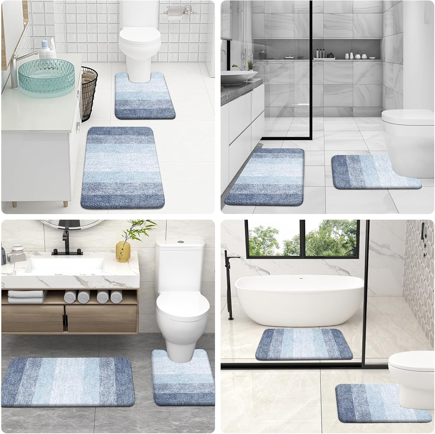 OLANLY Bathroom Rugs Set - Soft Absorbent Microfiber Mats with U-Shaped Contour Rug | 3-Piece Plush Set (Blue)