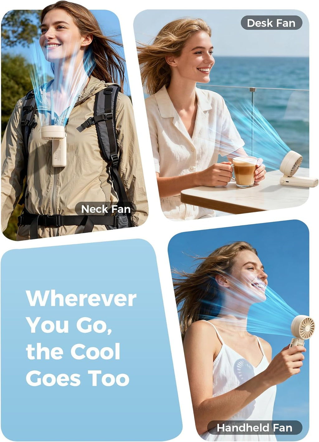 Aecooly Portable Handheld Fan - 20H Max Cooling Time | 5 Speed Settings | USB Rechargeable - Beige