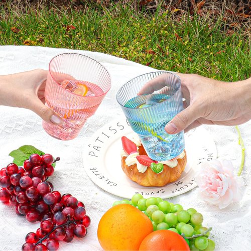 XUWAIDSGN 25 Pack Pink Plastic Ribbed Wine Glasses 14 oz Disposable Cocktail Martini Juice Coffee Drinking Tumblers Plastic Stackable Ripple Wedding Party Cups for Charcuterie Parties and Events