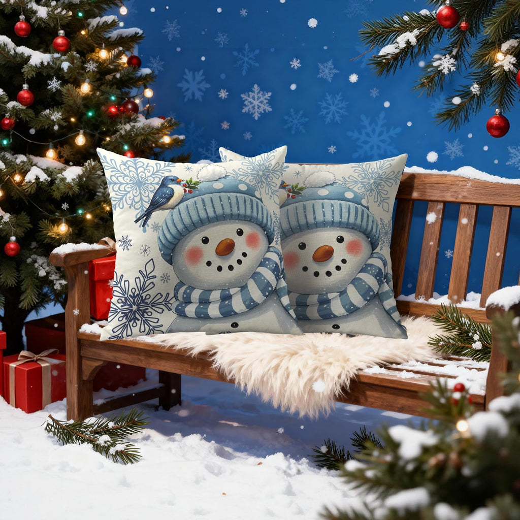 Smozenith Winter Pillow Covers 18X18 Set of 2, Blue Snowman Bird Snowflakes Decorative Throw Pillowcases Outdoor Holiday Seasonal Farmhouse Cushion Cases Couch Sofa Bed Decor