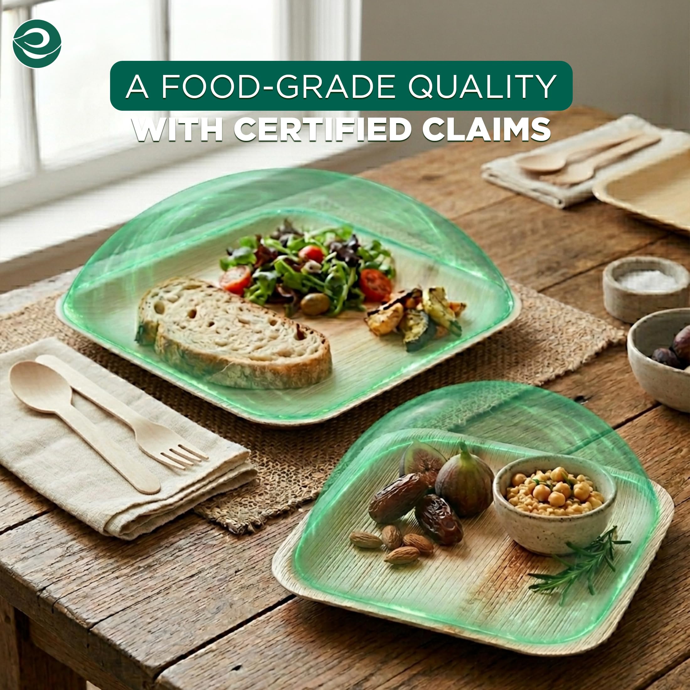 ECO SOUL Palm Leaf Like Bamboo Plates, 7 & 10 Inch Square, 100 Pack Bulk Disposable Dinnerware Combo, Compostable Biodegradable Natural Wooden Tableware, Party Pack for Catering, Wedding, Events
