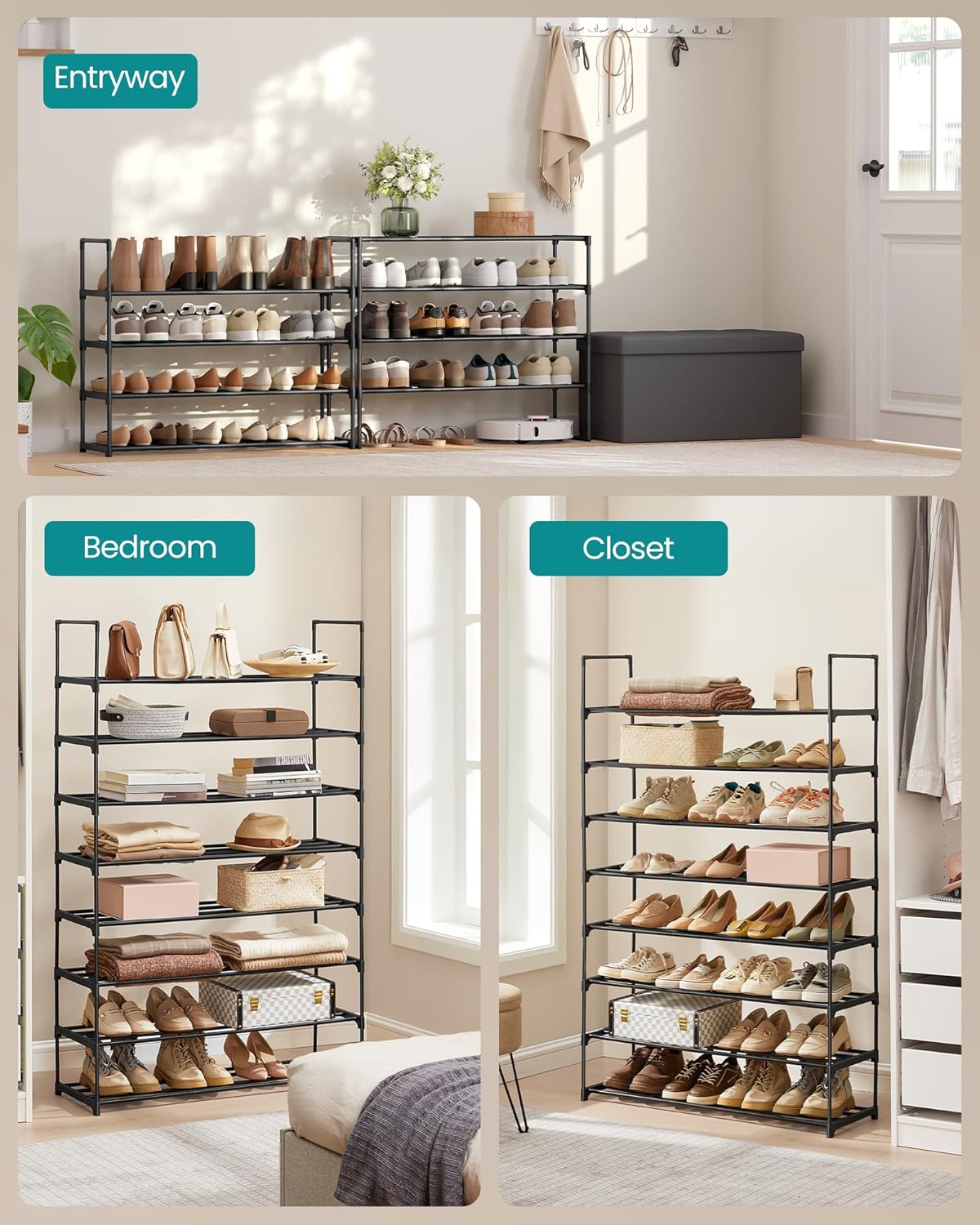 SONGMICS 8-Tier Shoe Rack - Stackable Metal Organizer for 32-40 Pairs | Black, 11.8 x 36.2 x 56.5 Inches