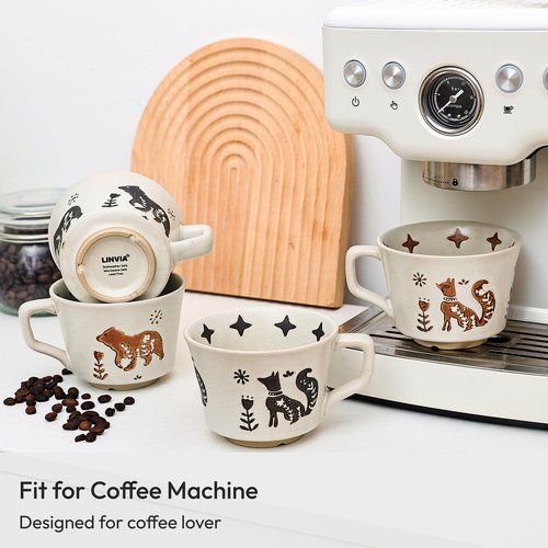 LINVIA Ceramic Coffee Mug, 12 oz Small Novelty Unique Teacup with Handle, Stoneware Cup for Tea Mocha Latte Cappuccino (Set of 2, Fox and Bear)