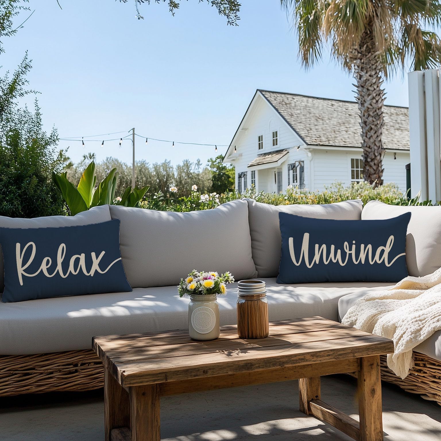 HERHOME Decorative Throw Pillow Covers 12x20 Inch Set of 2 Relax Unwind Navy Blue Outdoor Coastal Spring Summer Front Porch Patio Decor Lumbar Cushion Case Decoration for Home Sofa Couch Living Room