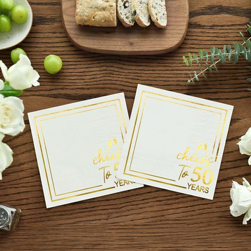 Horaldaily 50 Pack Cheers to 50 Years Cocktail Napkins, 5x5 Inches White and Gold Foil Birthday Decorations Paper Napkins for Party Anniversary Lunch Dinner