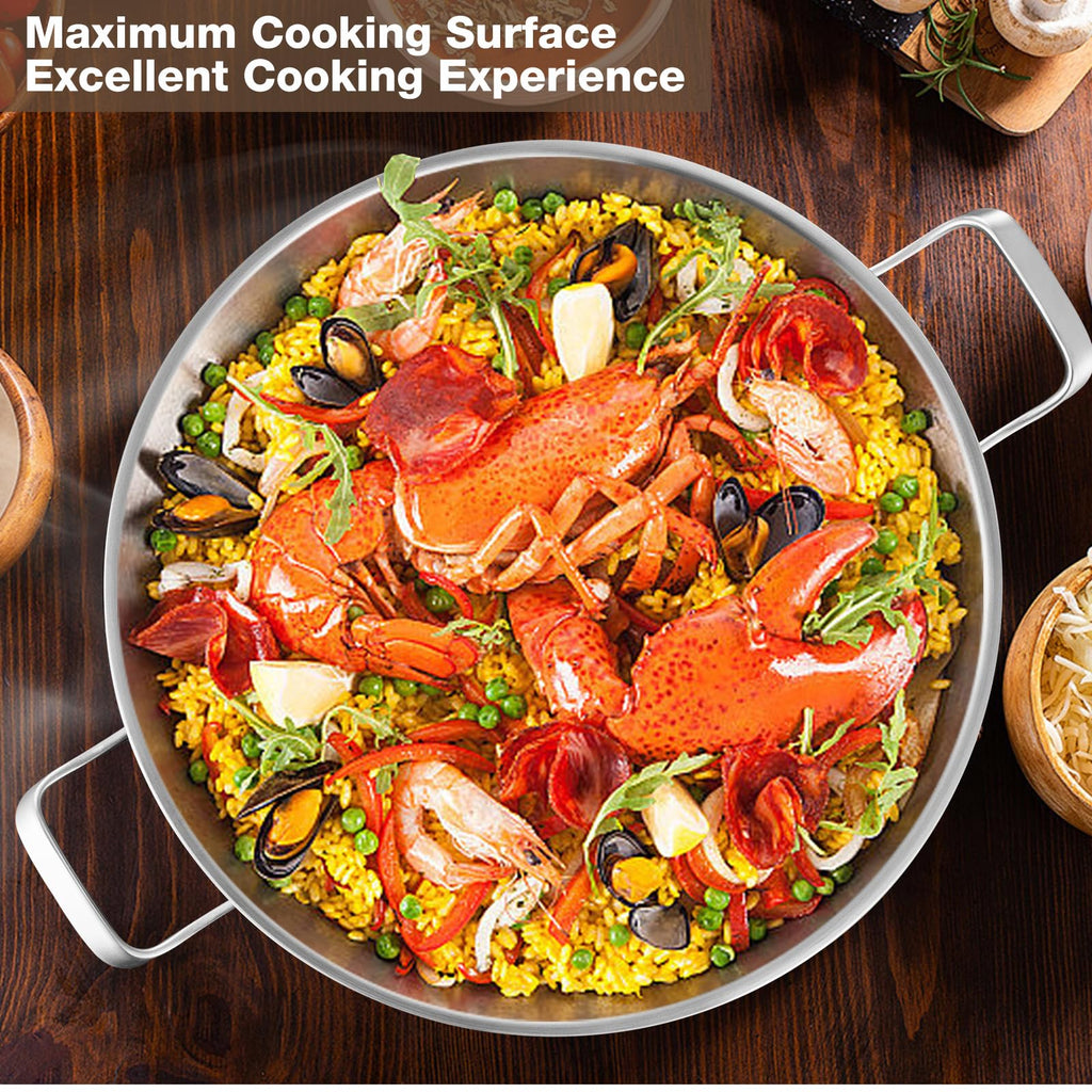 Yeksum Tri-Ply Stainless Steel Paella Pan Large Saute Pan with Lid (Stainless Steel, 13.5 INCH)