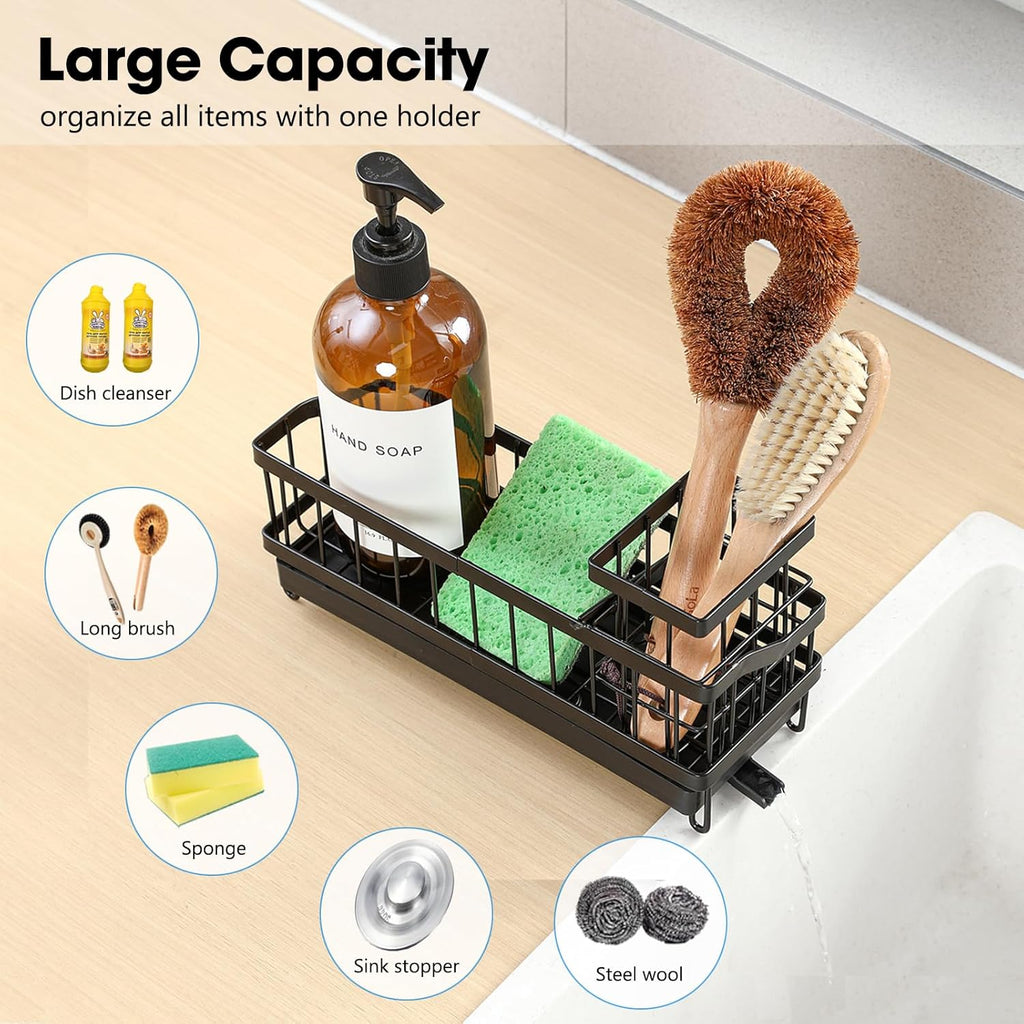 Skiennix Kitchen Sink Caddy - Rustproof High-Carbon Steel Sponge Holder with Brush & Soap Dispenser