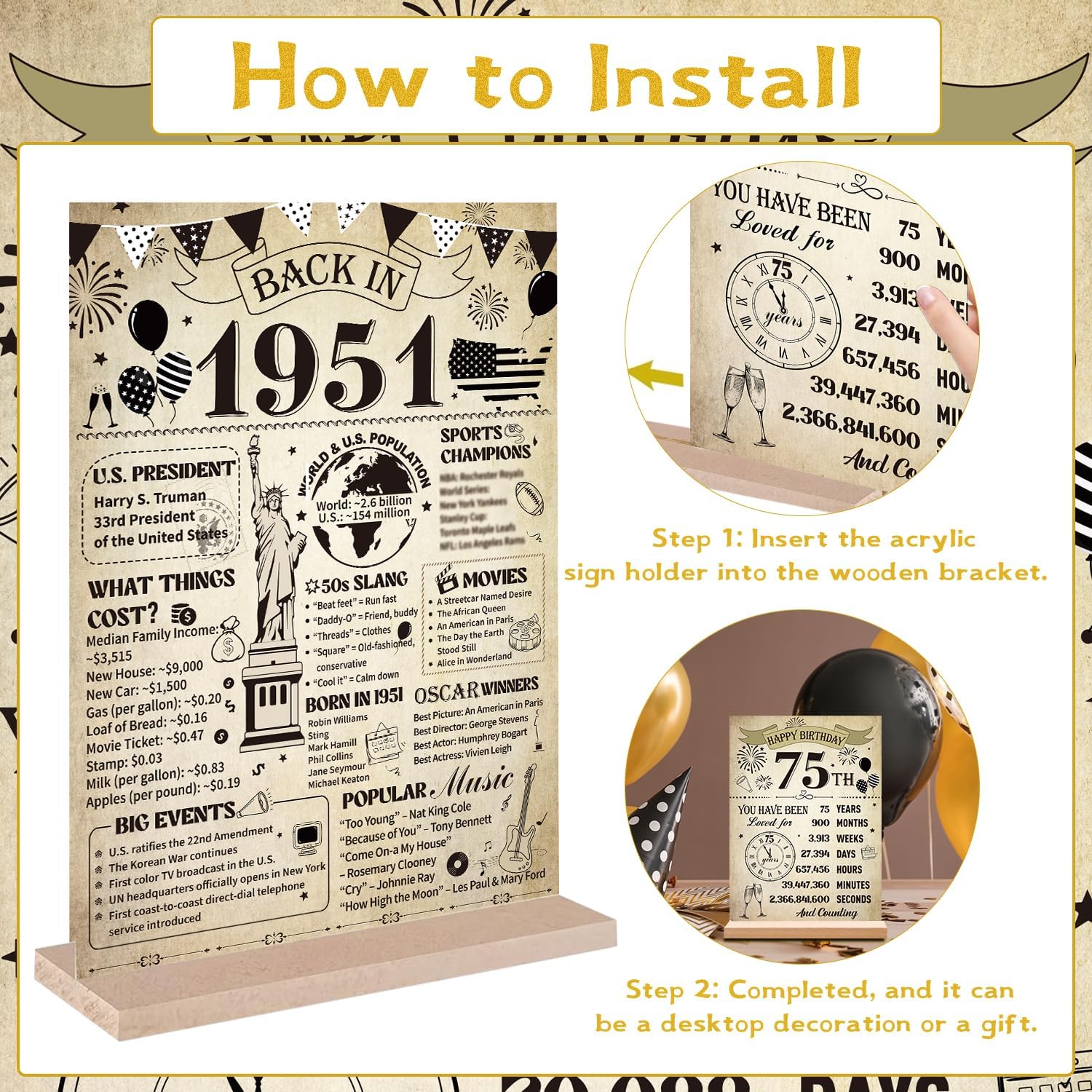 Yoyuspy 75th Birthday Decorations - Vintage Double-Sided Acrylic Poster Sign with Stand | Perfect for 1951 Theme Party