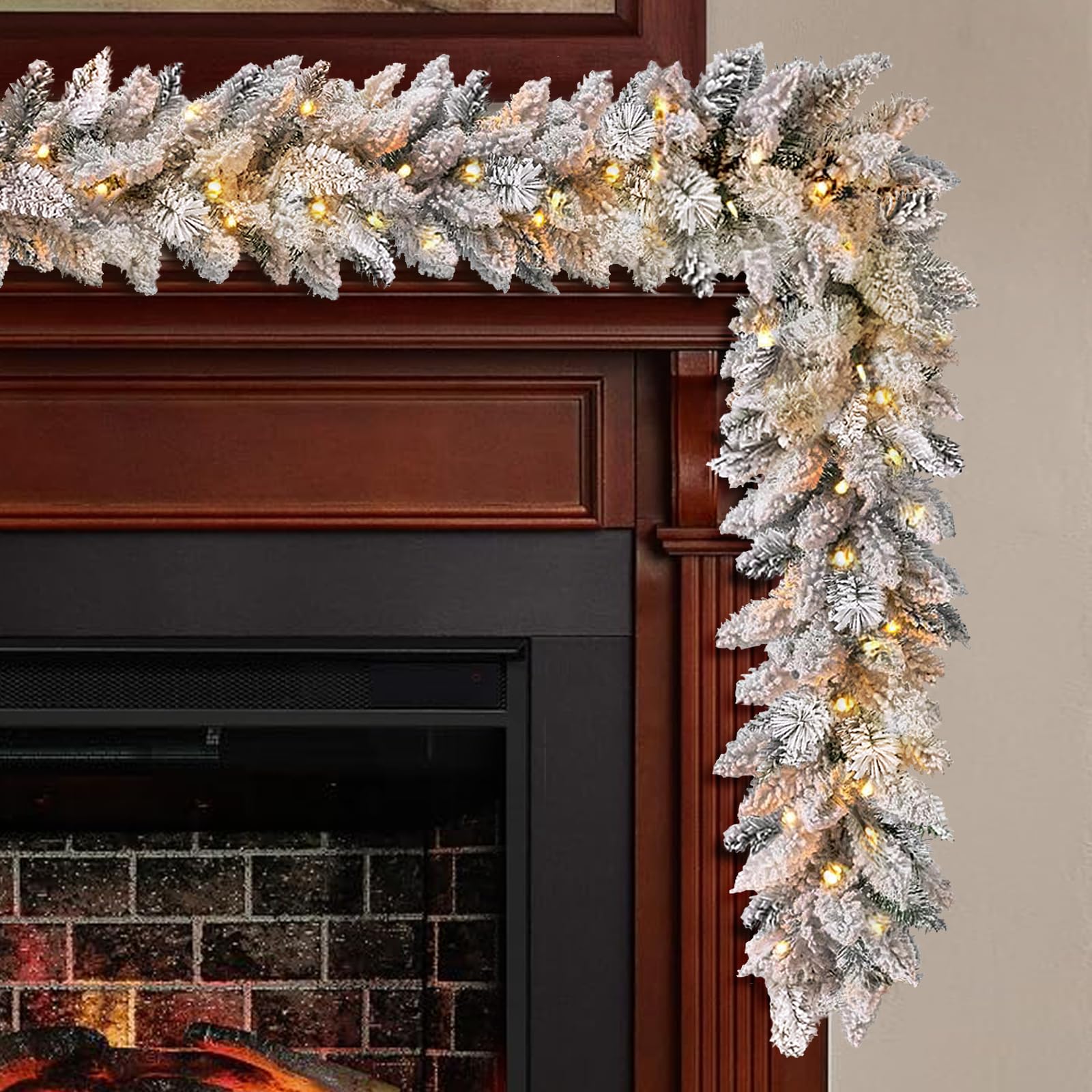 KOIUEYW Flocked Garland with Lights,9FT Battery-Powered Pre-Lit Christmas Garland, Glittered Artificial Christmas Garland with Warm LEDs for Mantle Home Fireplace Stairs Party Decoration