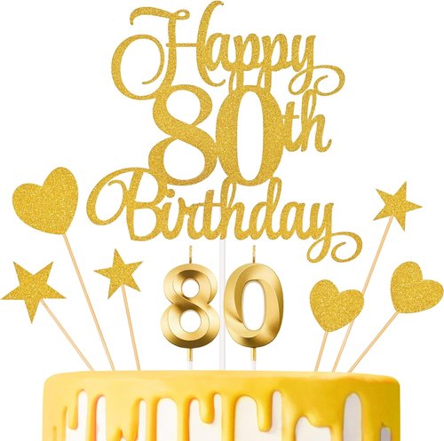80th Birthday Cake Decorations Set - Glitter Happy 80th Birthday Toppers & Candles | Gold
