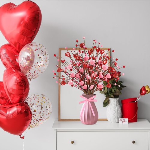 Valentine’s Day Gifts 12 Pcs Glittery Heart Shaped Berry Picks Shining Artificial Red Heart Berry Twig Stem Branches with 2 Rolls of Ribbon for Valentine’s Day Anniversary Bouquets Wedding Home Decor