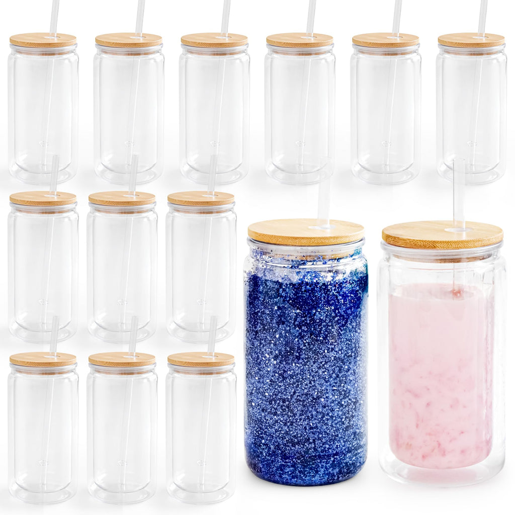 FECBK 12 Pack Acrylic Snow Globe Tumbler with Bamboo Lids and Straws 16 oz Plastic Snowglobe Tumbler with Pre Drilled Hole Clear Double Wall Snowglobe Cups for Snow Globe Glitter DIY
