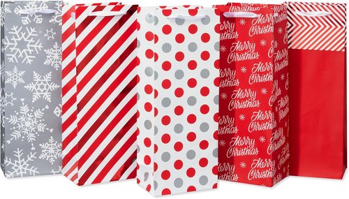 American Greetings Wine Gift Bags - Multi-Design Set in Red, White, and Silver (5 Bags)