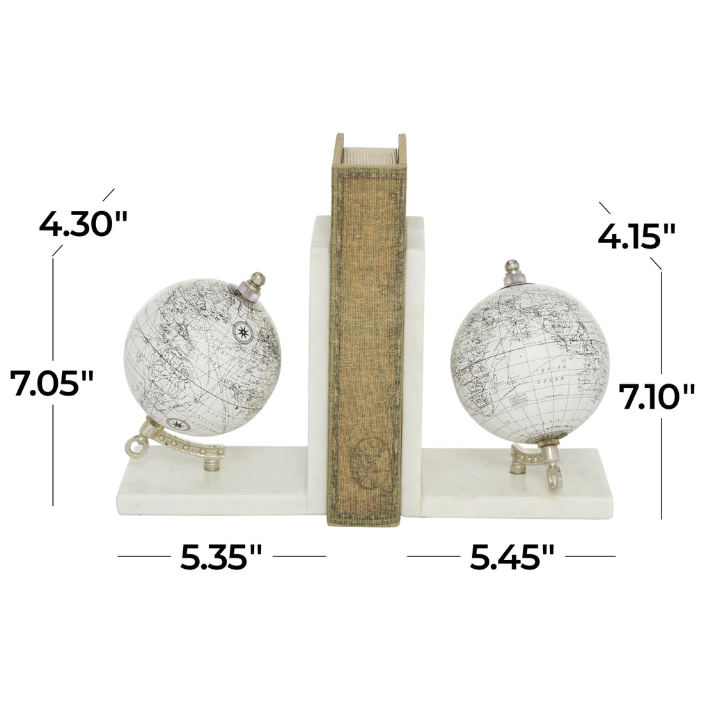 Deco 79 Marble Globe Decorative Bookends Non Skid Bookends with Silver Metal Accents, Set of 2 Office Bookends5"W, 7"H, White