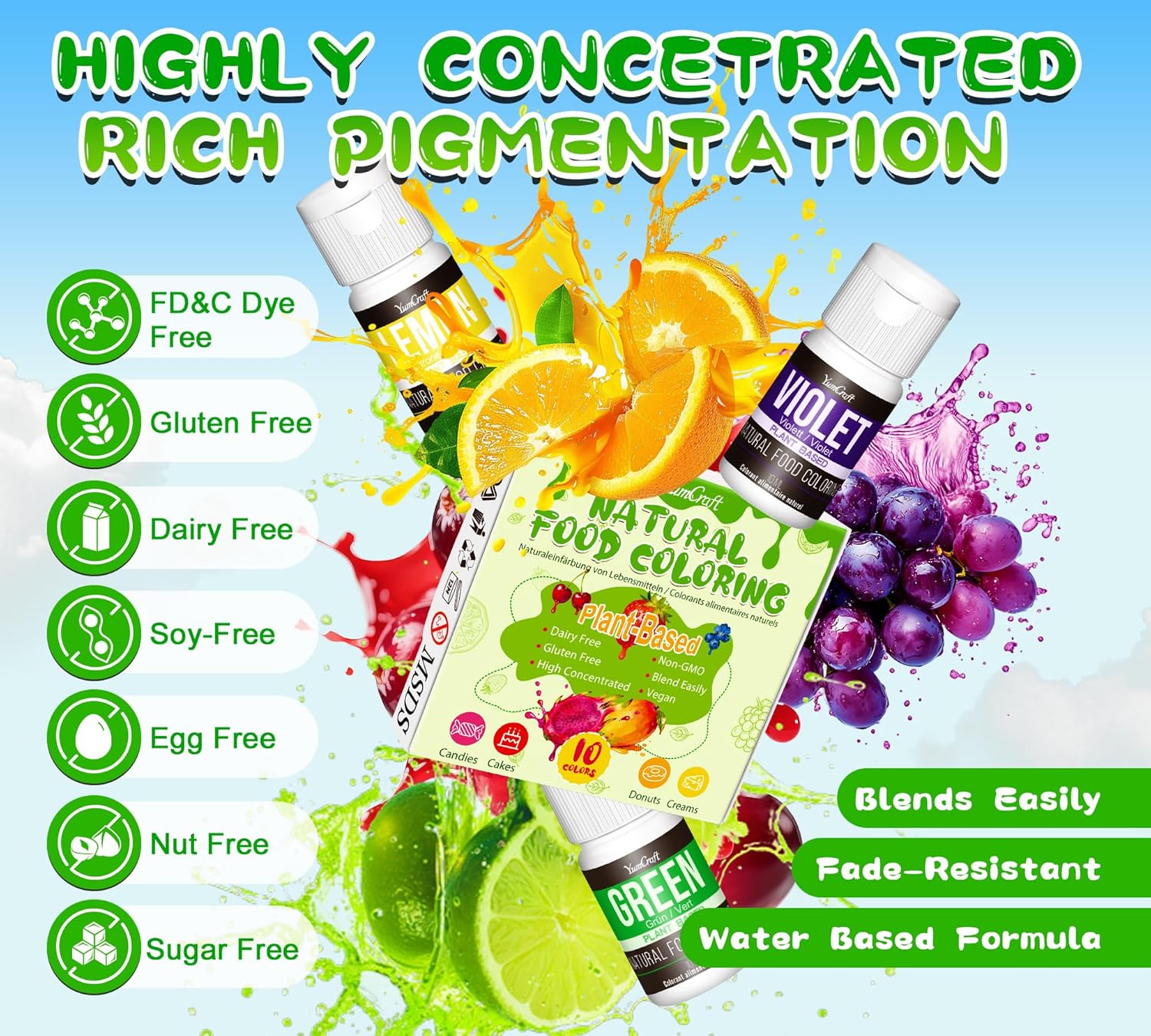 Natural Food Coloring - 10 Plant-Based Organic Liquid Dyes | Non-GMO, Artificial Dye-Free for Baking & Decorating