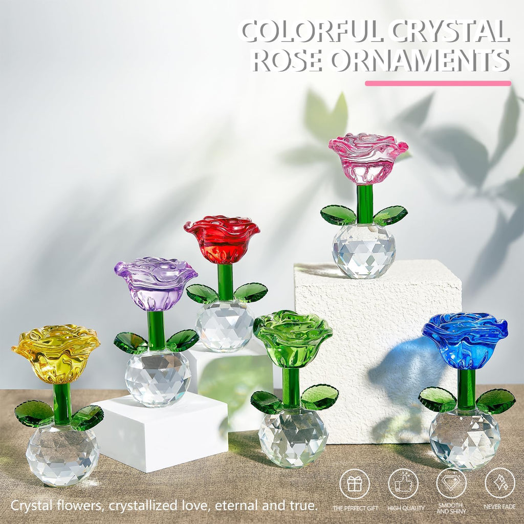 Regine Switzerland Crystal Glass Rose Flowers Figurines - Colorful Blown Glass Centerpieces | Set of 6 (3.5in)