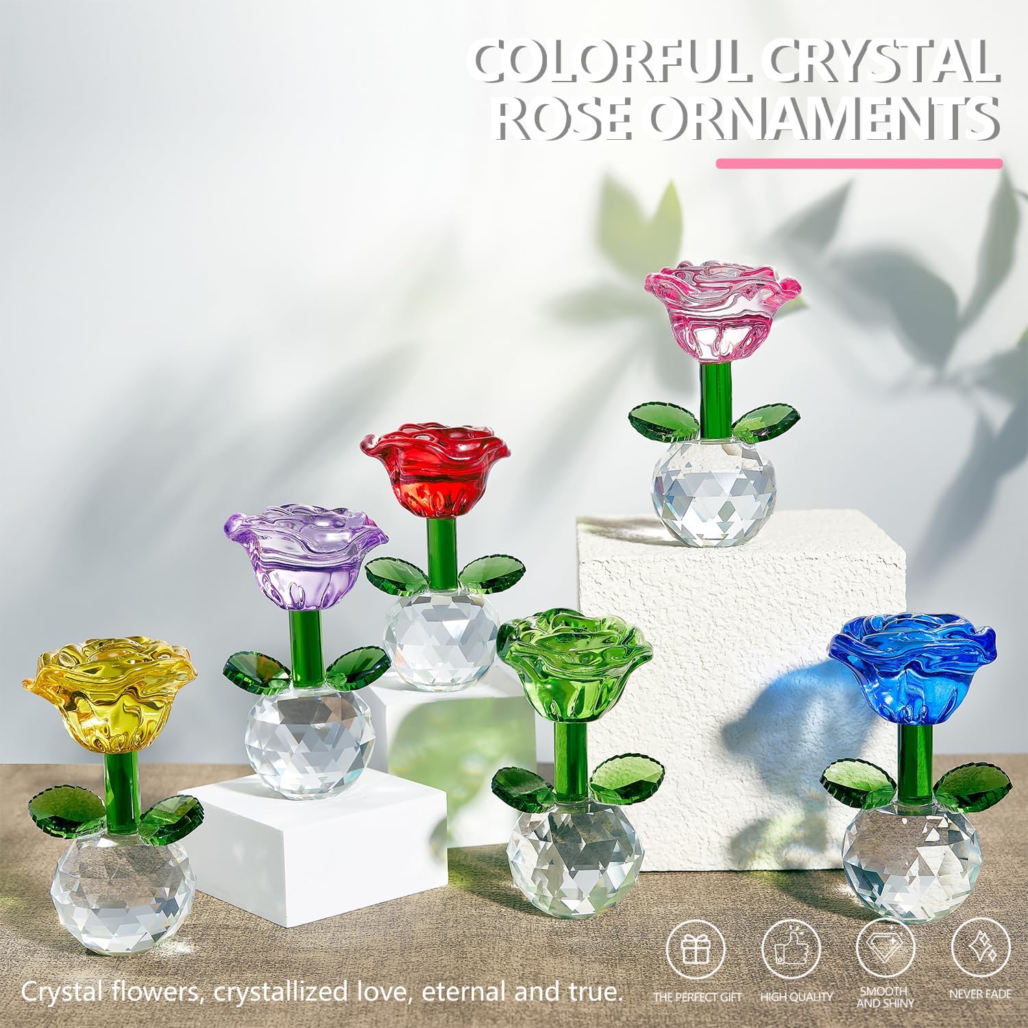 Regine Switzerland Crystal Glass Rose Flowers Figurines - Colorful Blown Glass Centerpieces | Set of 6 (3.5in)