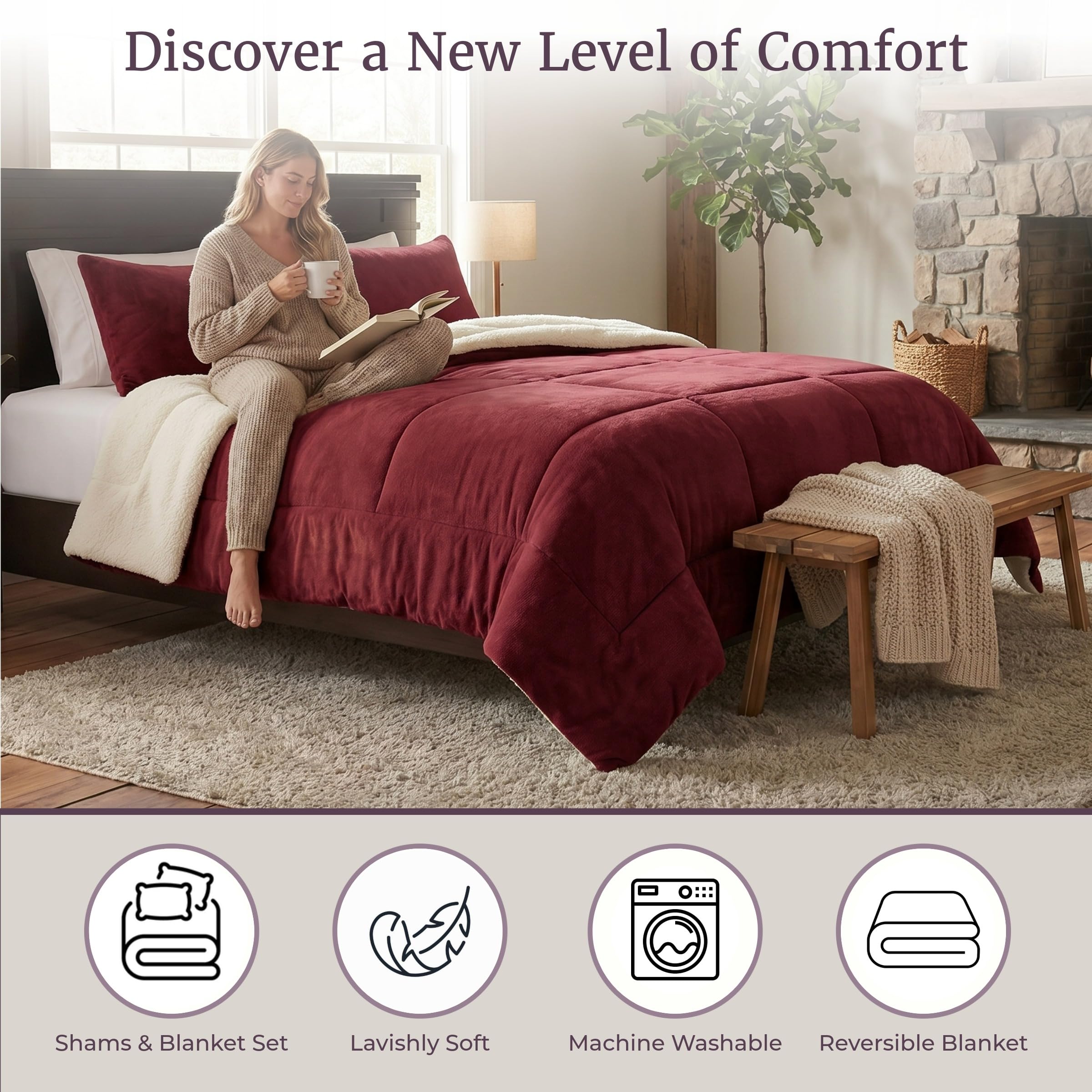 Lavish Home 3 Piece Sherpa/Fleece Comforter Set, King, Burgandy