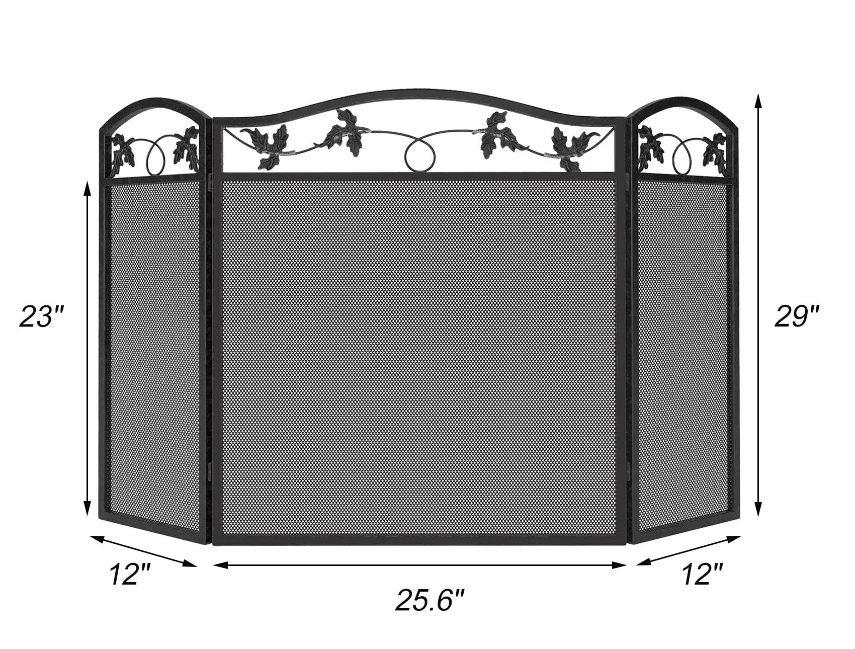Calidola 3-Panel Foldable Black Steel Fireplace Screen Spark Guard Fence,Leaf Design Screen Metal Decorative Mesh Cover