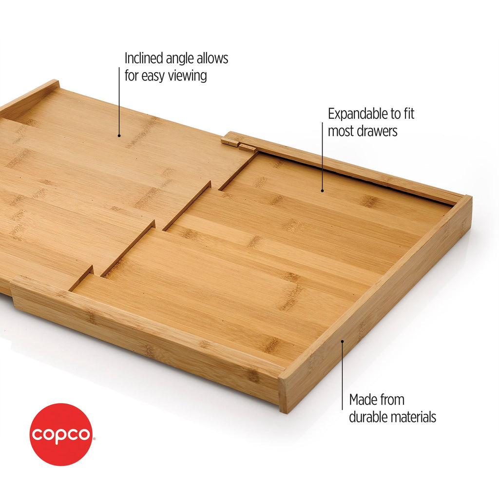 Copco 4 Tier Expandable Bamboo Spice Organizer for Drawers, Adjustable from 12.2 inch to 23 Inch, In Drawer Rack for Kitchen, Holds 32 Jars, Durable & Eco-Friendly Spice Storage Solution